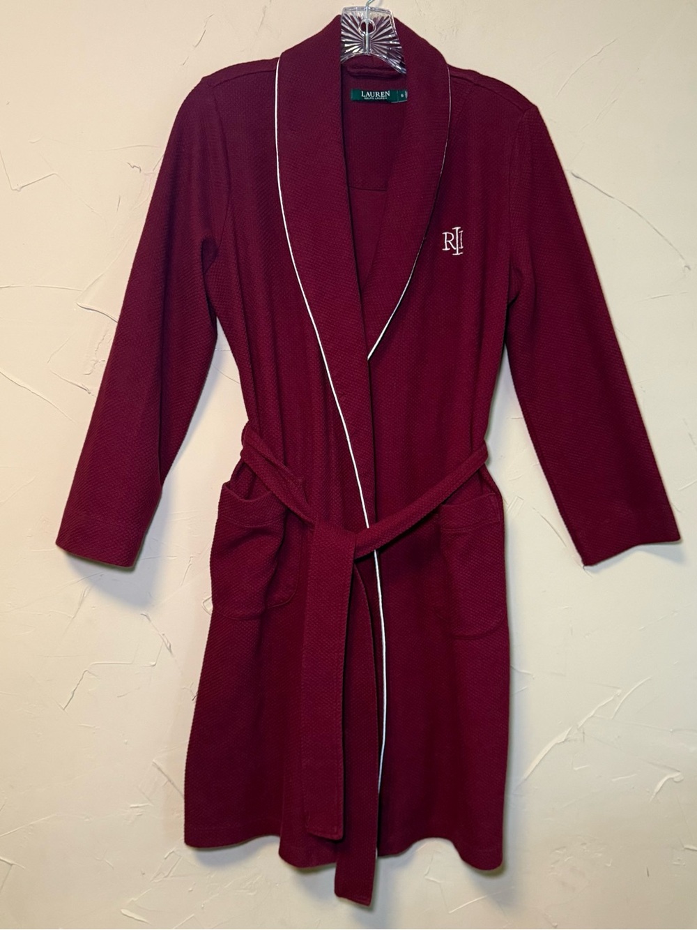 Lauren Ralph Lauren Red W/White Midi Bath Robe with Belt Embroidered Logo Small